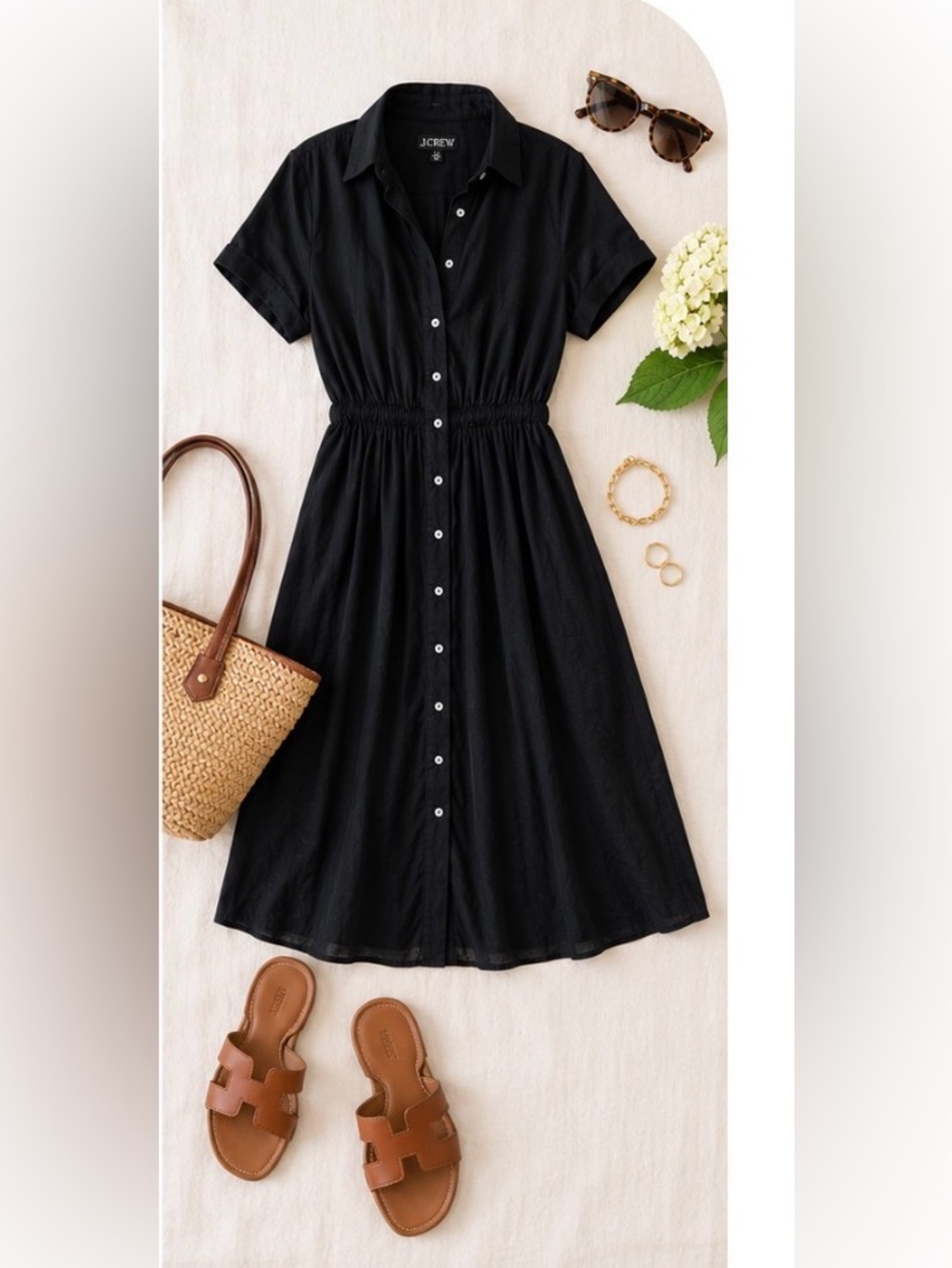 J. Crew Black nwt Button-Front Short Sleeve Midi shirt Dress with full slip 0P